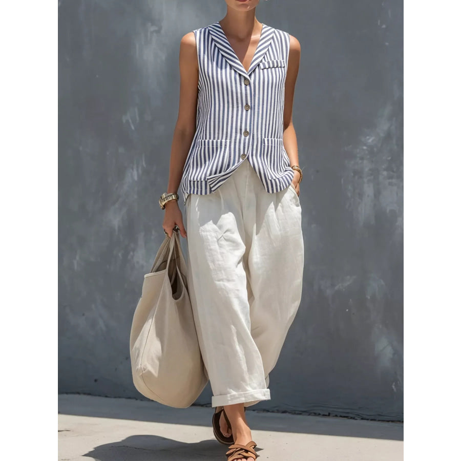 Striped Button Down Vest and Pants Set Blue / XS Apparel Accessories