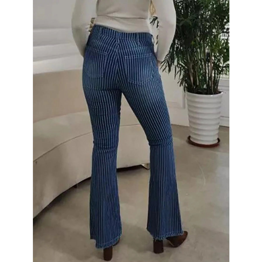 Striped Button Fly Flare Jeans Apparel and Accessories