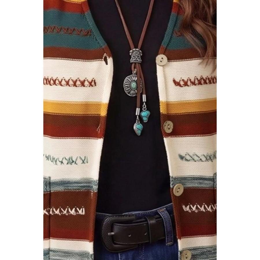 Striped Button Front Sleeveless Knit Regular Fit Sweater Vest Apparel and Accessories