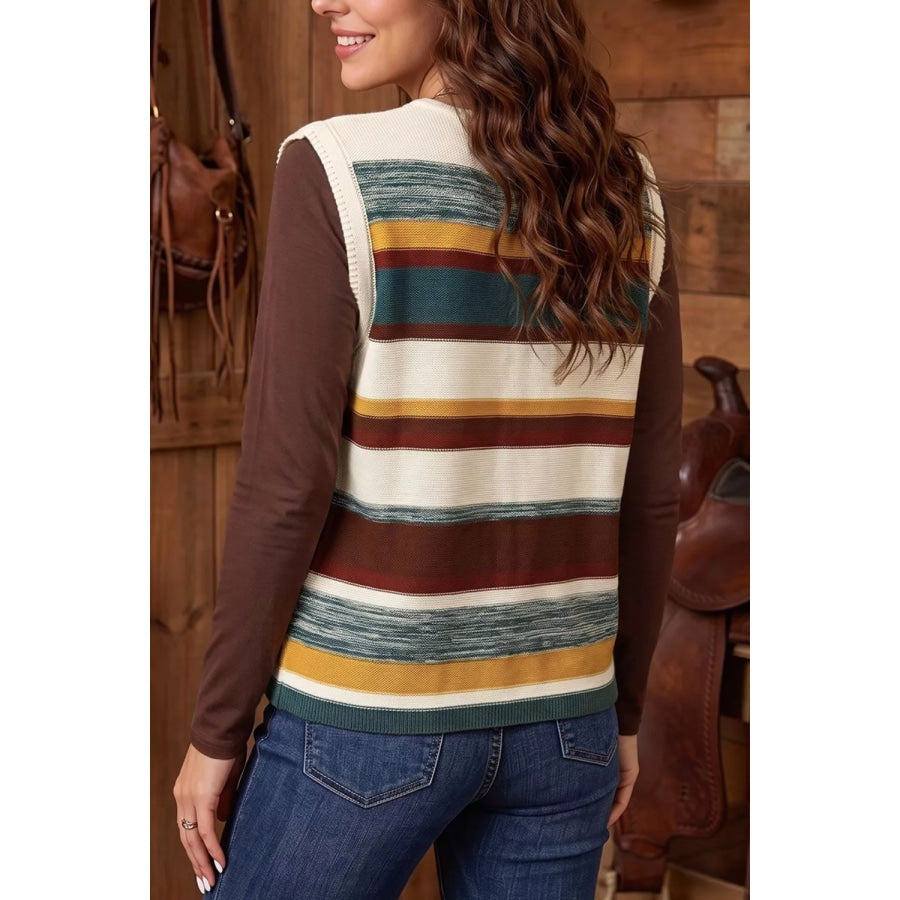 Striped Button Front Sleeveless Knit Regular Fit Sweater Vest Multicolor / S Apparel and Accessories