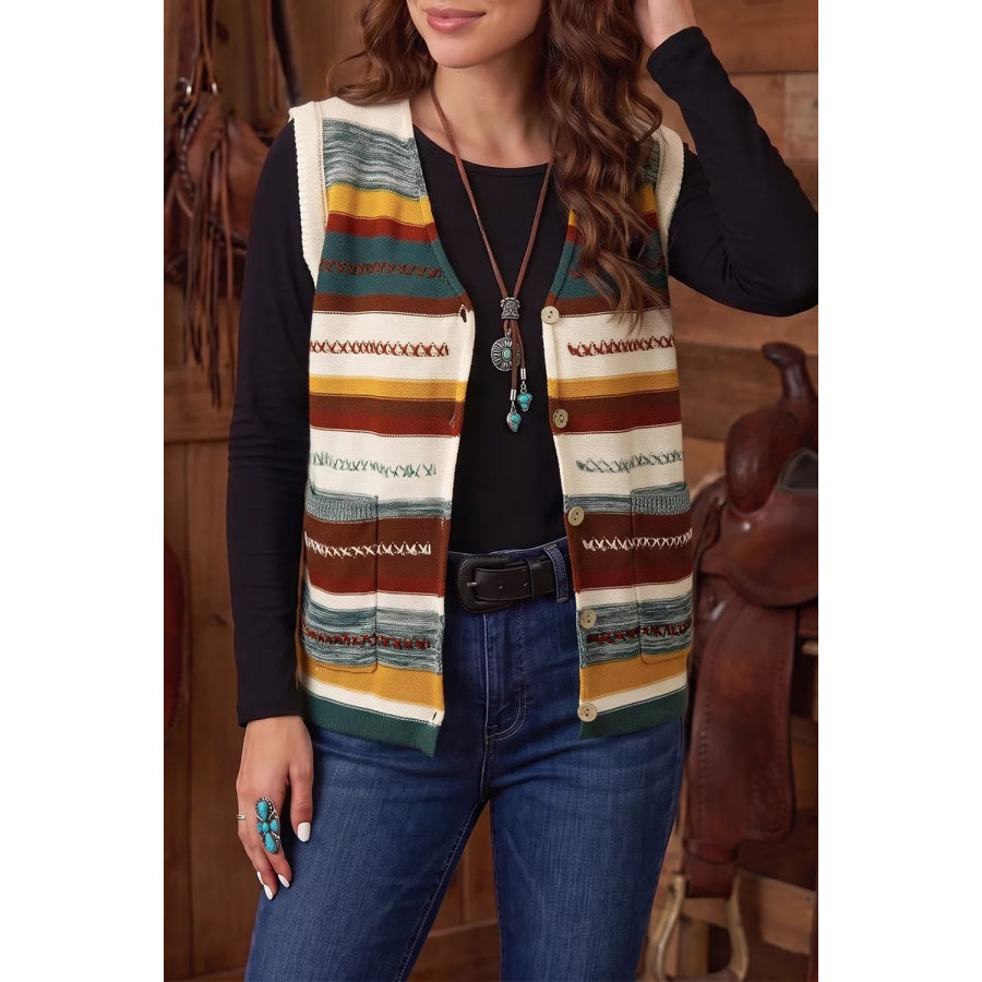 Striped Button Front Sleeveless Knit Regular Fit Sweater Vest Multicolor / S Apparel and Accessories