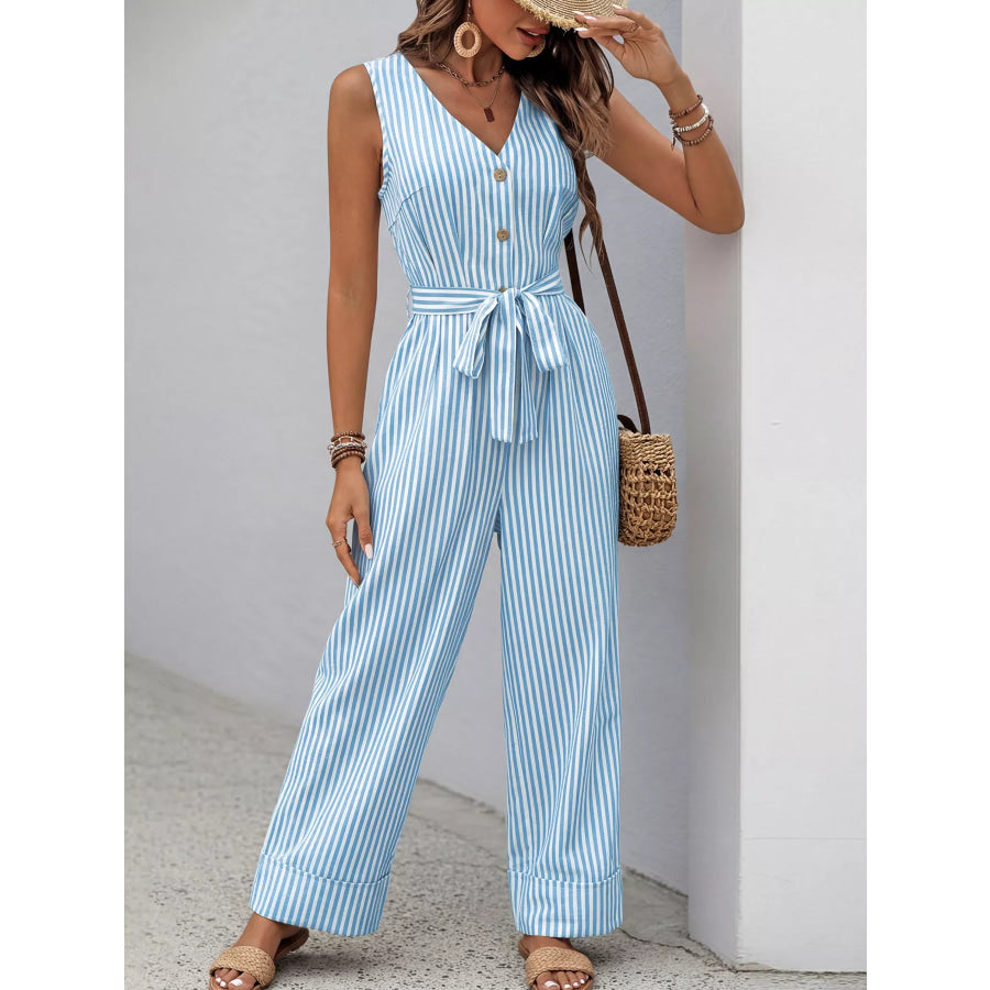Striped Button-Front Tie Waist Wide Leg Jumpsuit Apparel and Accessories