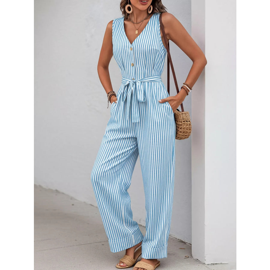 Striped Button-Front Tie Waist Wide Leg Jumpsuit Apparel and Accessories