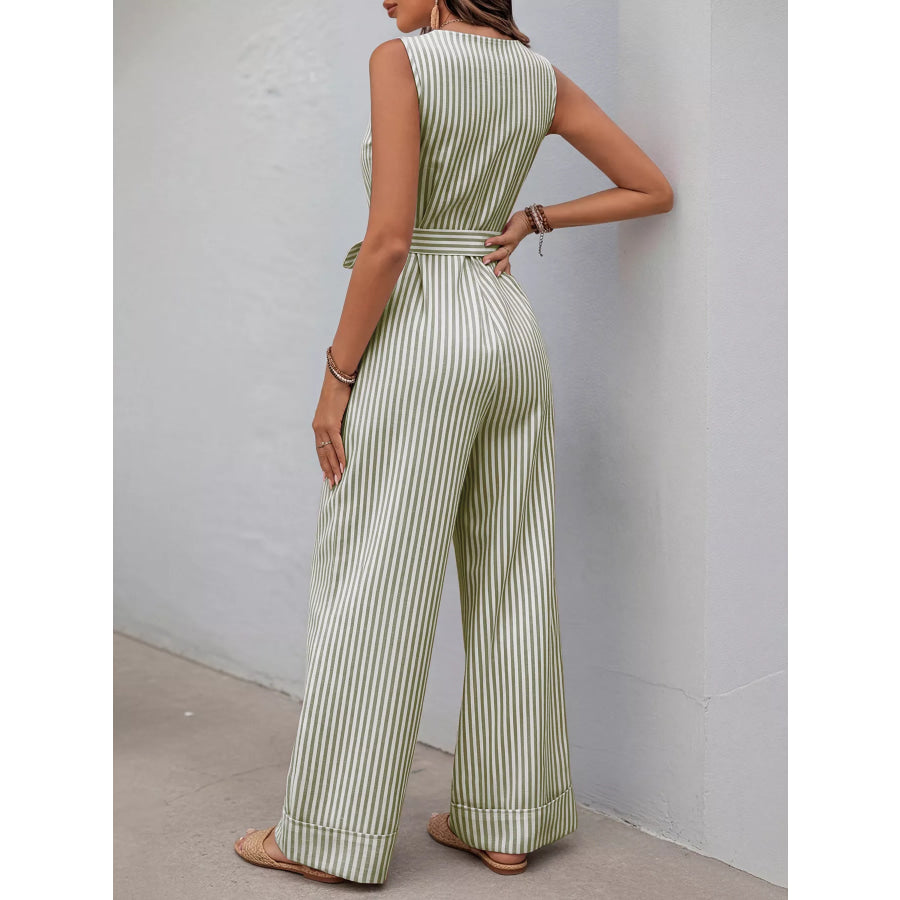 Striped Button-Front Tie Waist Wide Leg Jumpsuit Apparel and Accessories