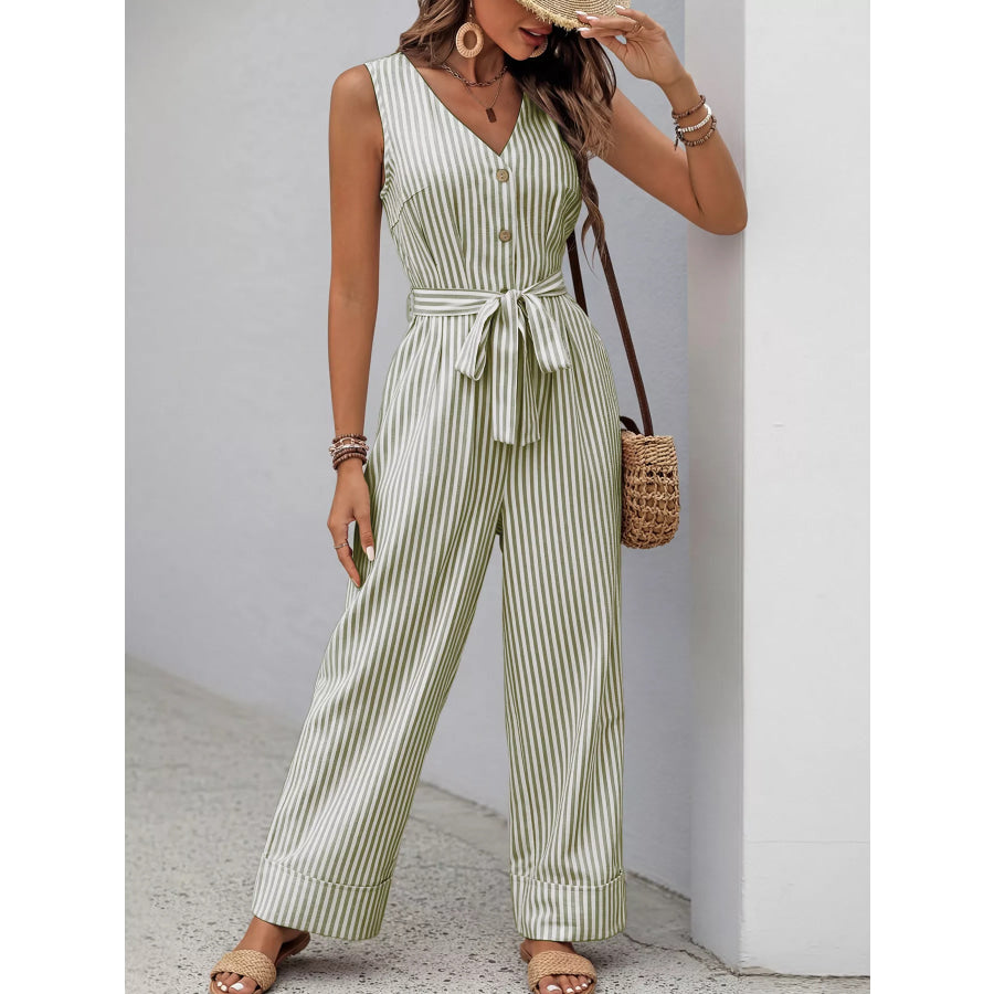 Striped Button-Front Tie Waist Wide Leg Jumpsuit Apparel and Accessories