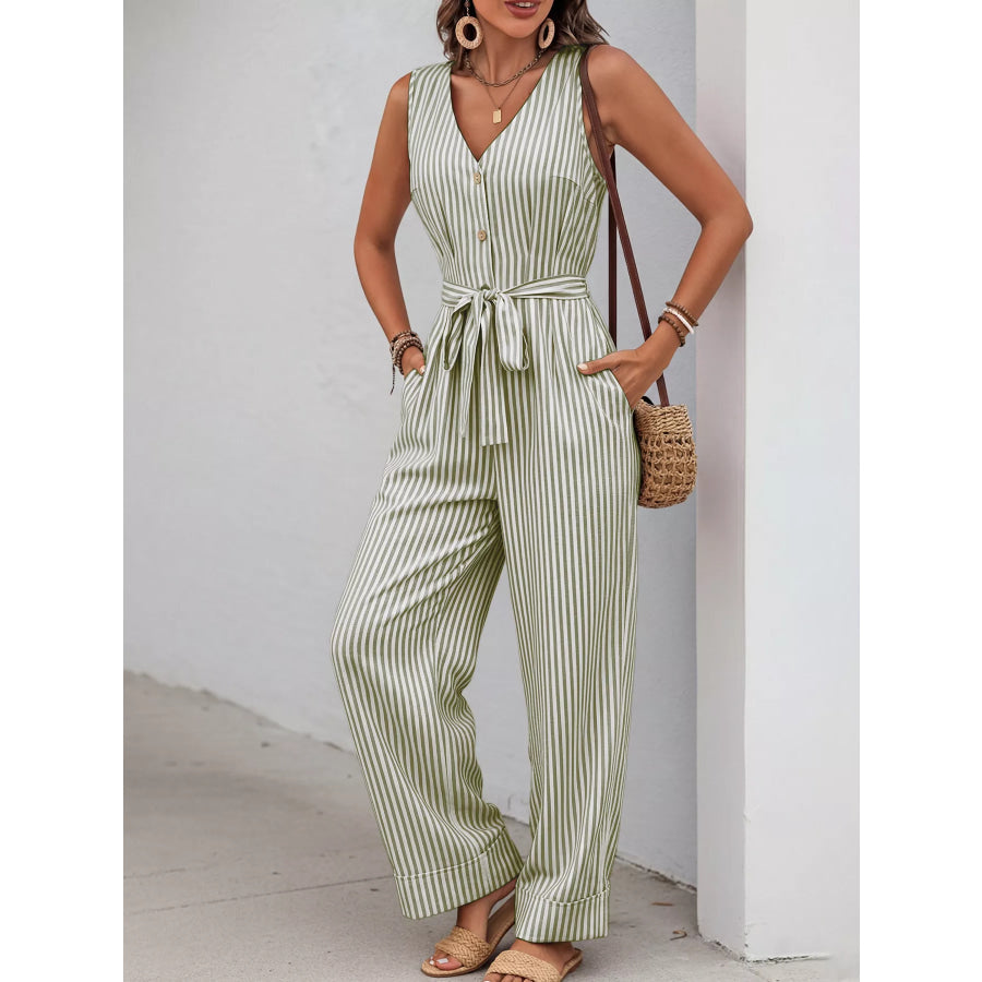 Striped Button-Front Tie Waist Wide Leg Jumpsuit Apparel and Accessories