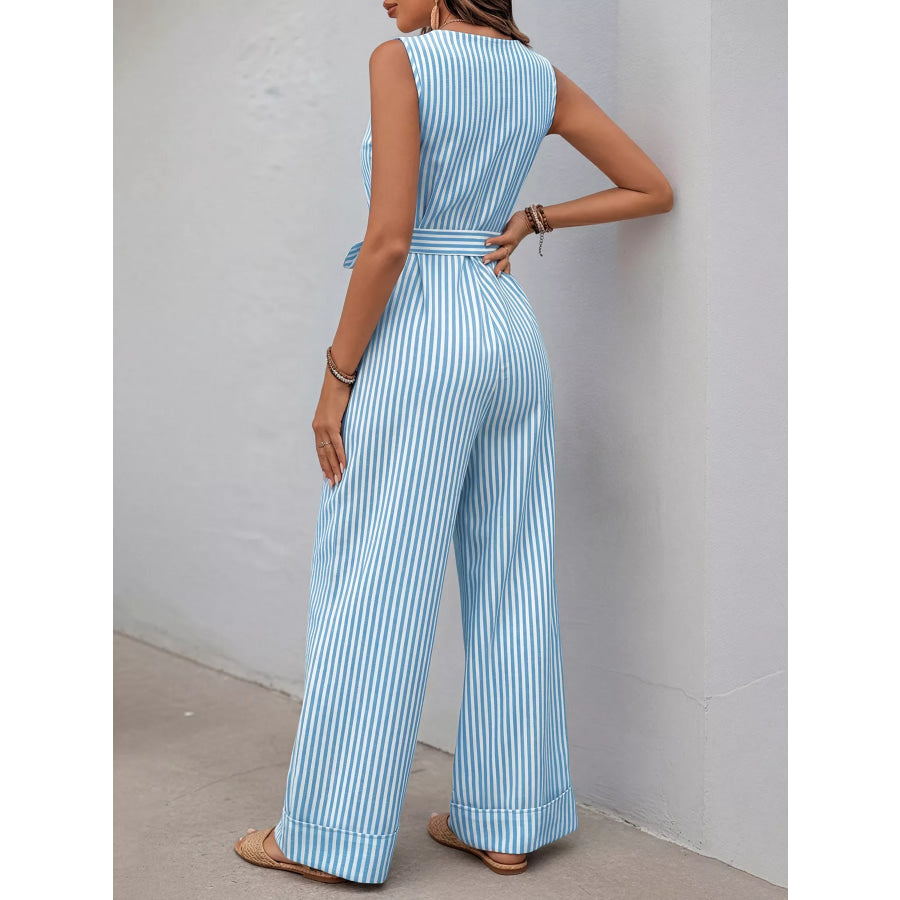 Striped Button-Front Tie Waist Wide Leg Jumpsuit Apparel and Accessories