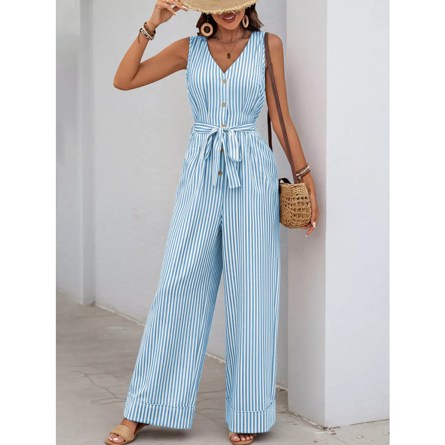 Striped Button-Front Tie Waist Wide Leg Jumpsuit Apparel and Accessories