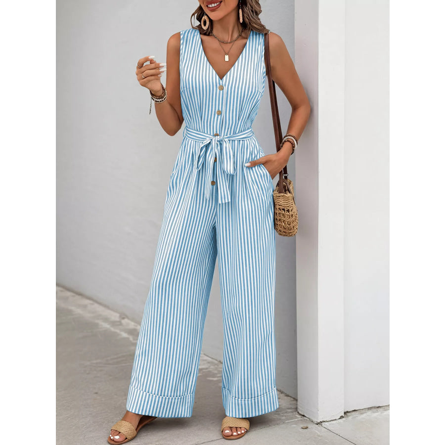Striped Button-Front Tie Waist Wide Leg Jumpsuit Light Blue / S Apparel and Accessories