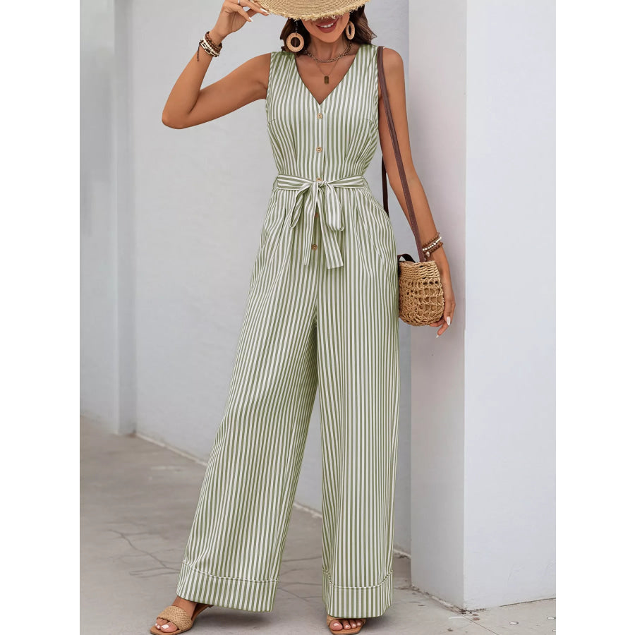 Striped Button-Front Tie Waist Wide Leg Jumpsuit Yellow-Green / S Apparel and Accessories