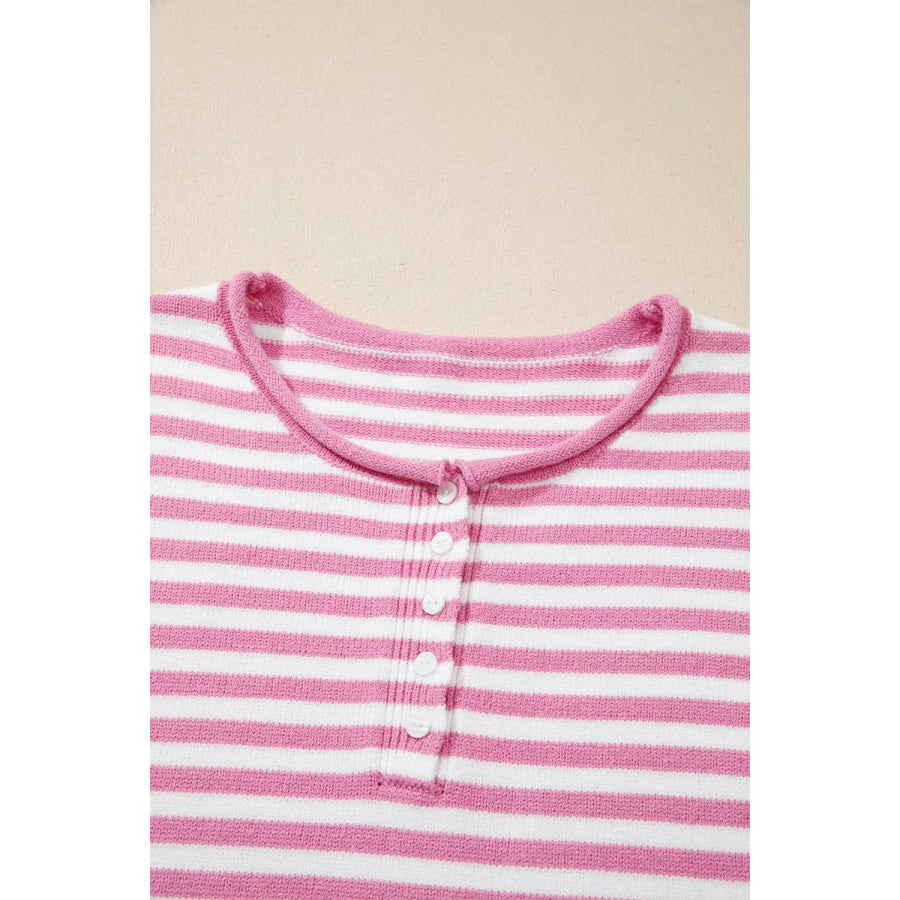 Striped Button Placket Drop Shoulder Long Sleeve Sweater Apparel and Accessories