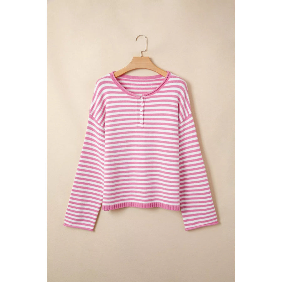 Striped Button Placket Drop Shoulder Long Sleeve Sweater Apparel and Accessories
