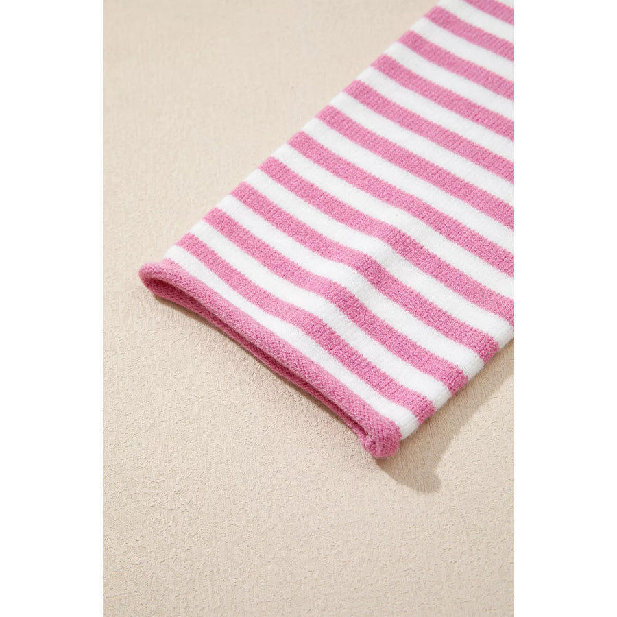 Striped Button Placket Drop Shoulder Long Sleeve Sweater Apparel and Accessories