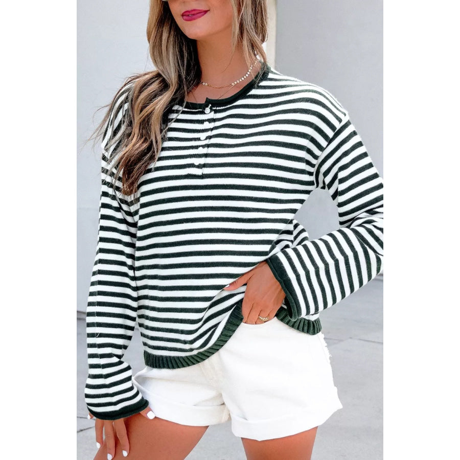 Striped Button Placket Drop Shoulder Long Sleeve Sweater Apparel and Accessories