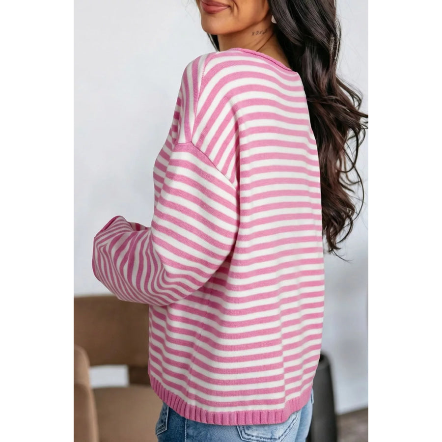 Striped Button Placket Drop Shoulder Long Sleeve Sweater Apparel and Accessories