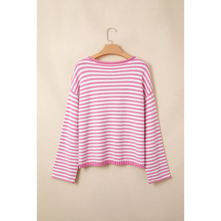 Striped Button Placket Drop Shoulder Long Sleeve Sweater Apparel and Accessories