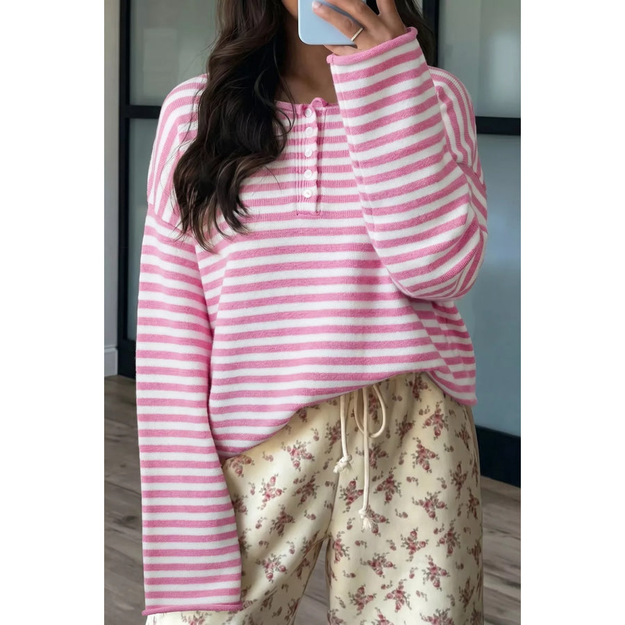 Striped Button Placket Drop Shoulder Long Sleeve Sweater Apparel and Accessories
