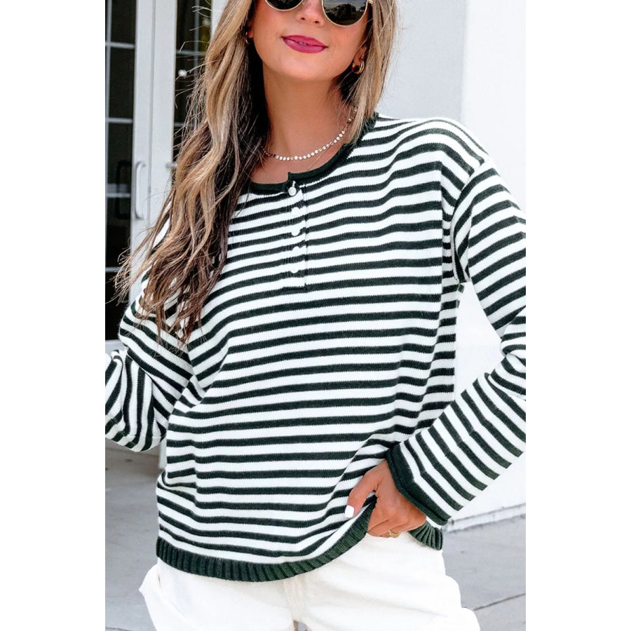 Striped Button Placket Drop Shoulder Long Sleeve Sweater Apparel and Accessories