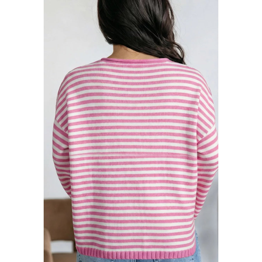 Striped Button Placket Drop Shoulder Long Sleeve Sweater Apparel and Accessories