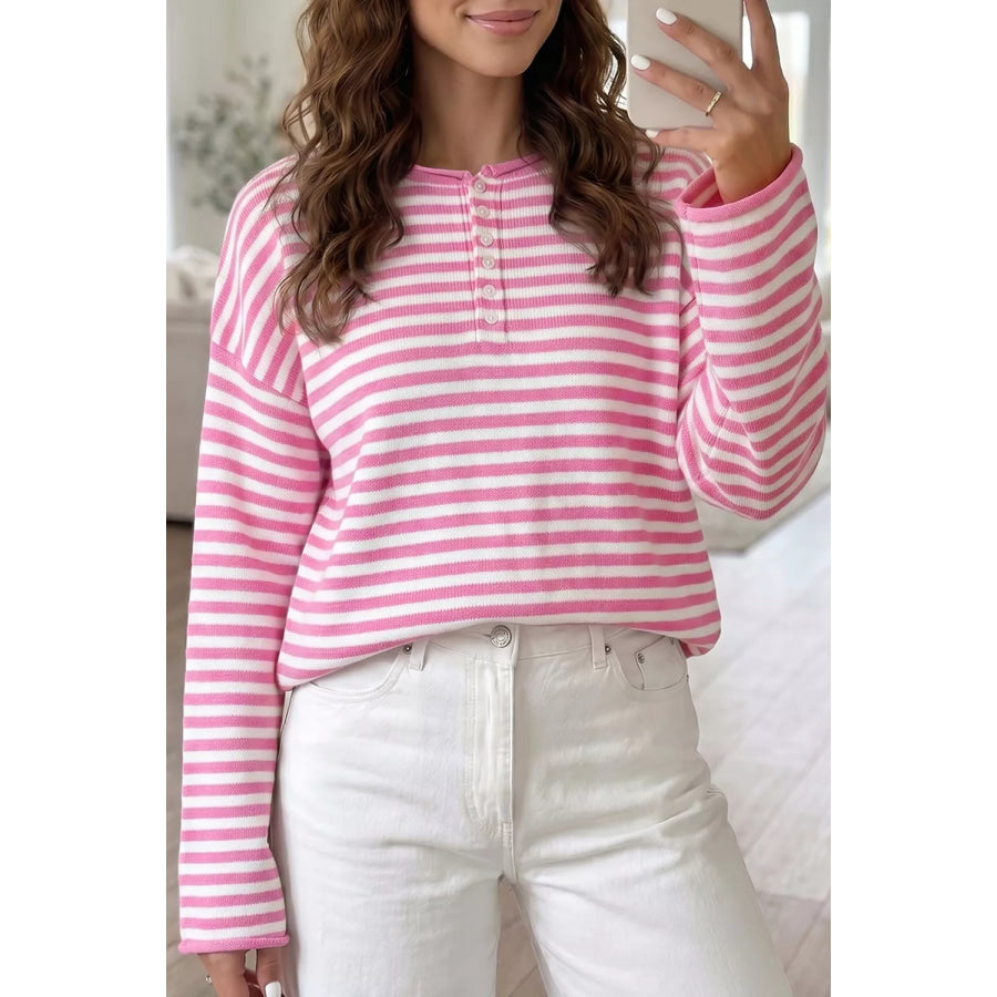 Striped Button Placket Drop Shoulder Long Sleeve Sweater Blush Pink / S Apparel and Accessories