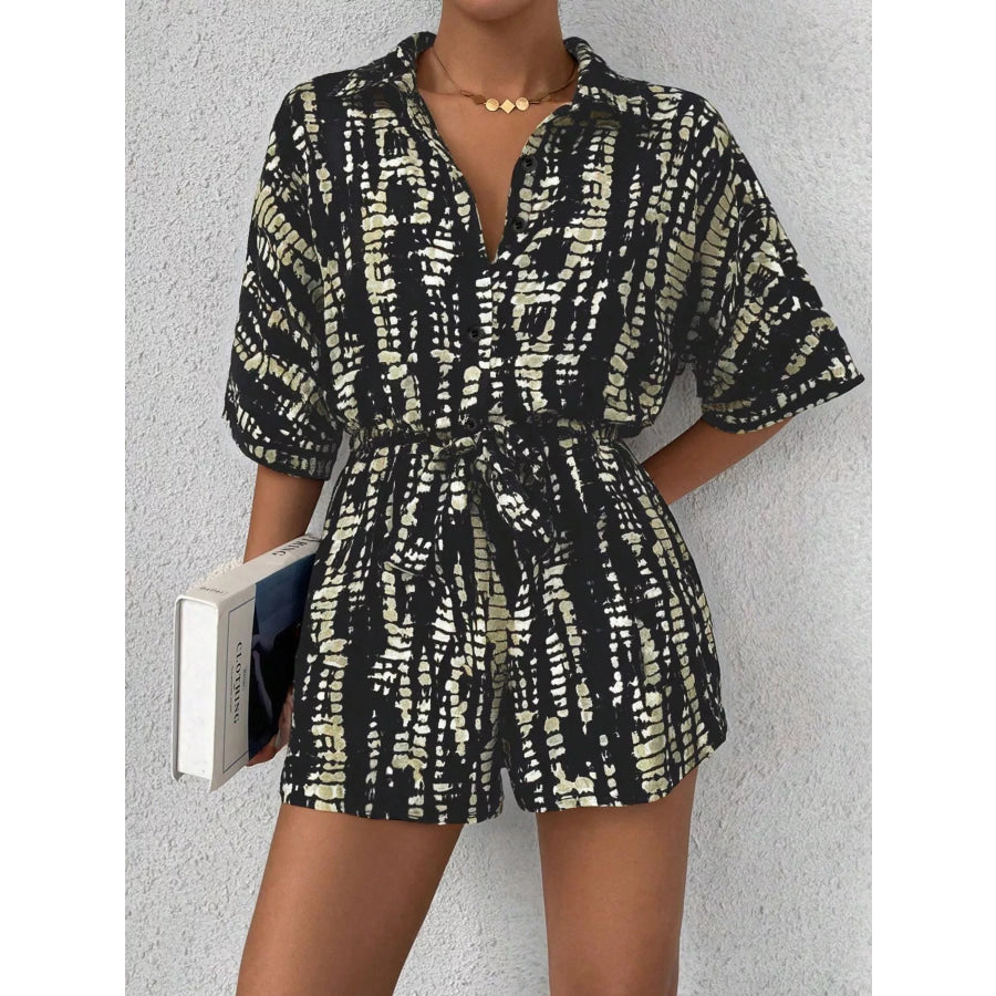 Striped Button-Up Belted Romper Apparel and Accessories