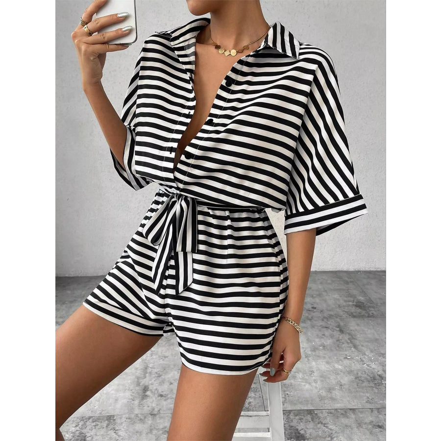 Striped Button-Up Belted Romper Apparel and Accessories