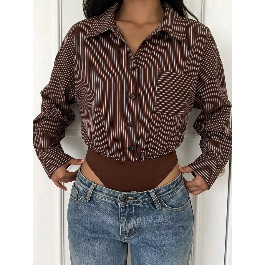 Striped Button-Up Bodysuit Brown / S Apparel and Accessories
