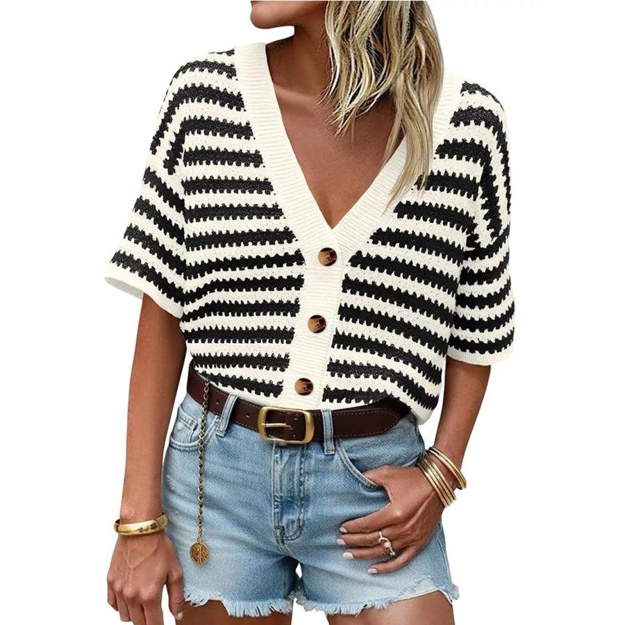 Striped Button Up Cardigan Black / S Apparel and Accessories