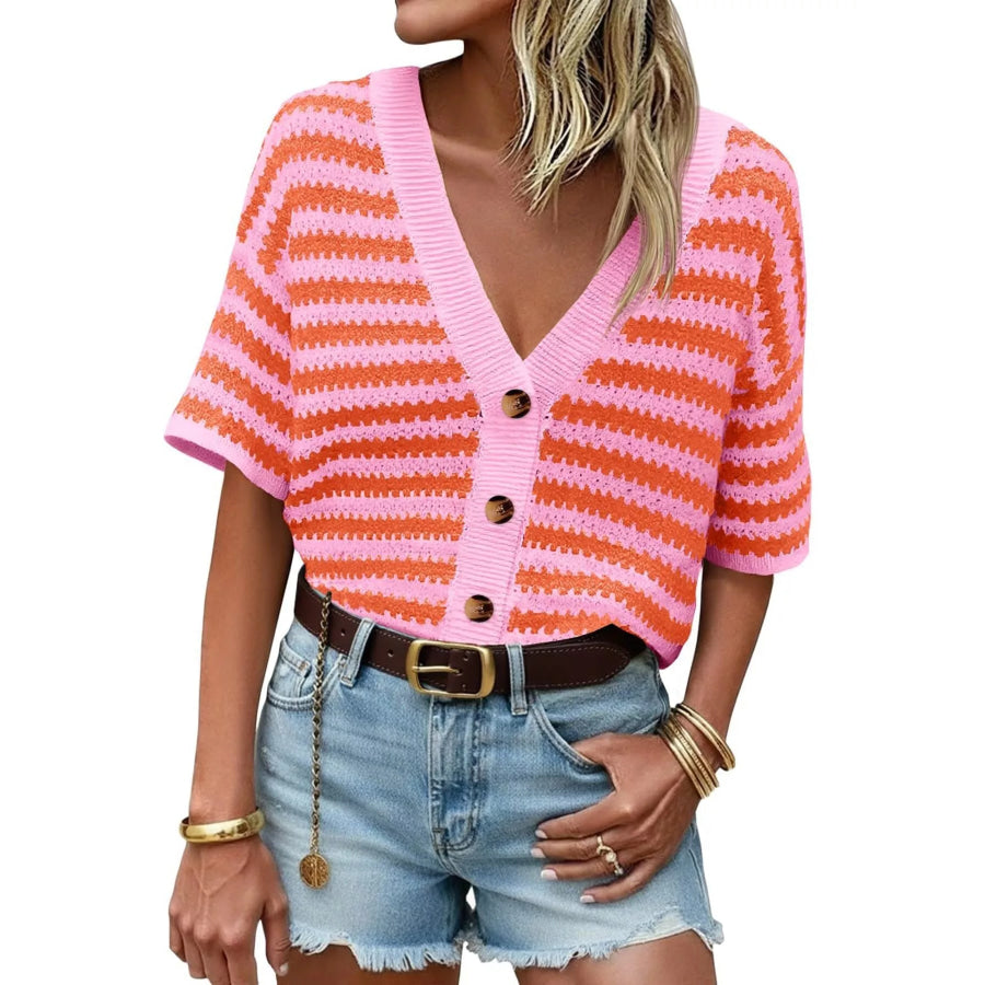 Striped Button Up Cardigan Pink / S Apparel and Accessories