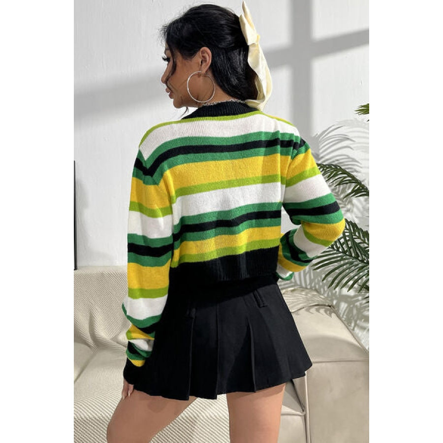 Striped Button Up Contrast Cropped Cardigan Mid Green / S Clothing