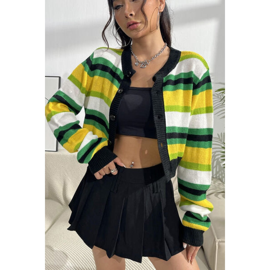 Striped Button Up Contrast Cropped Cardigan Mid Green / S Clothing