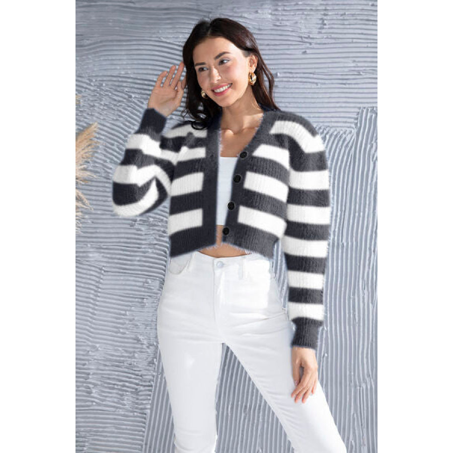 Striped Button Up Cropped Cardigan Apparel and Accessories