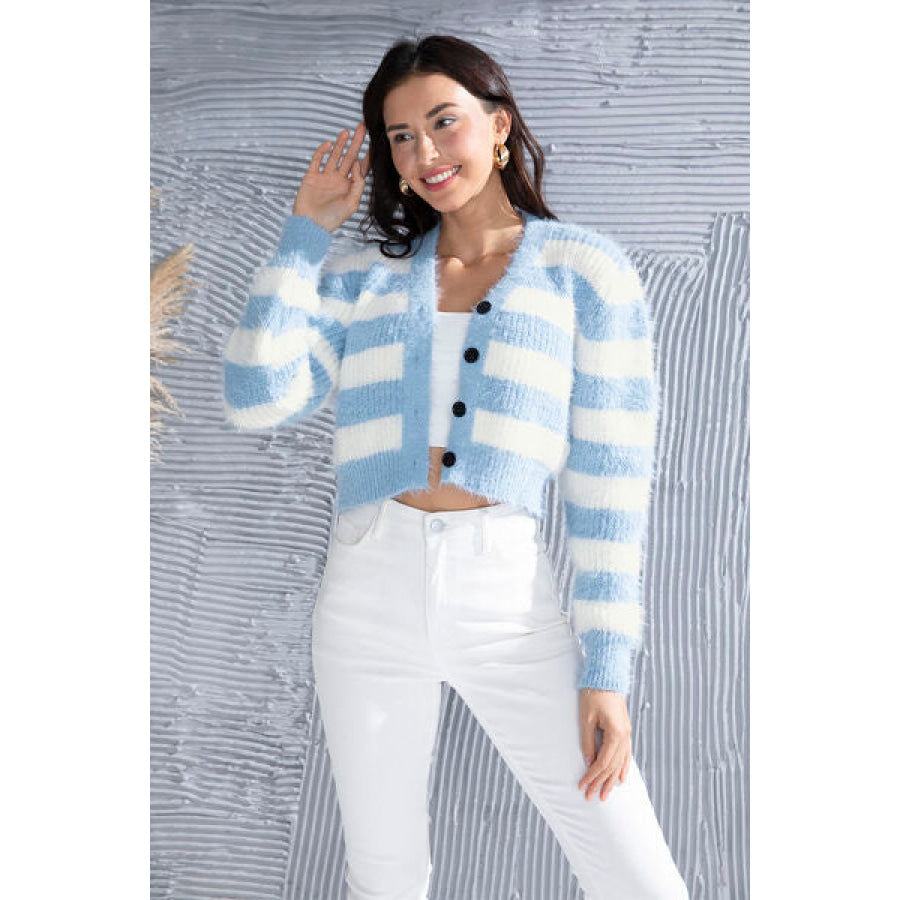 Striped Button Up Cropped Cardigan Misty Blue / S Apparel and Accessories