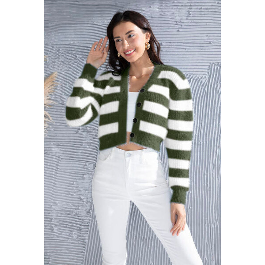 Striped Button Up Cropped Cardigan Apparel and Accessories