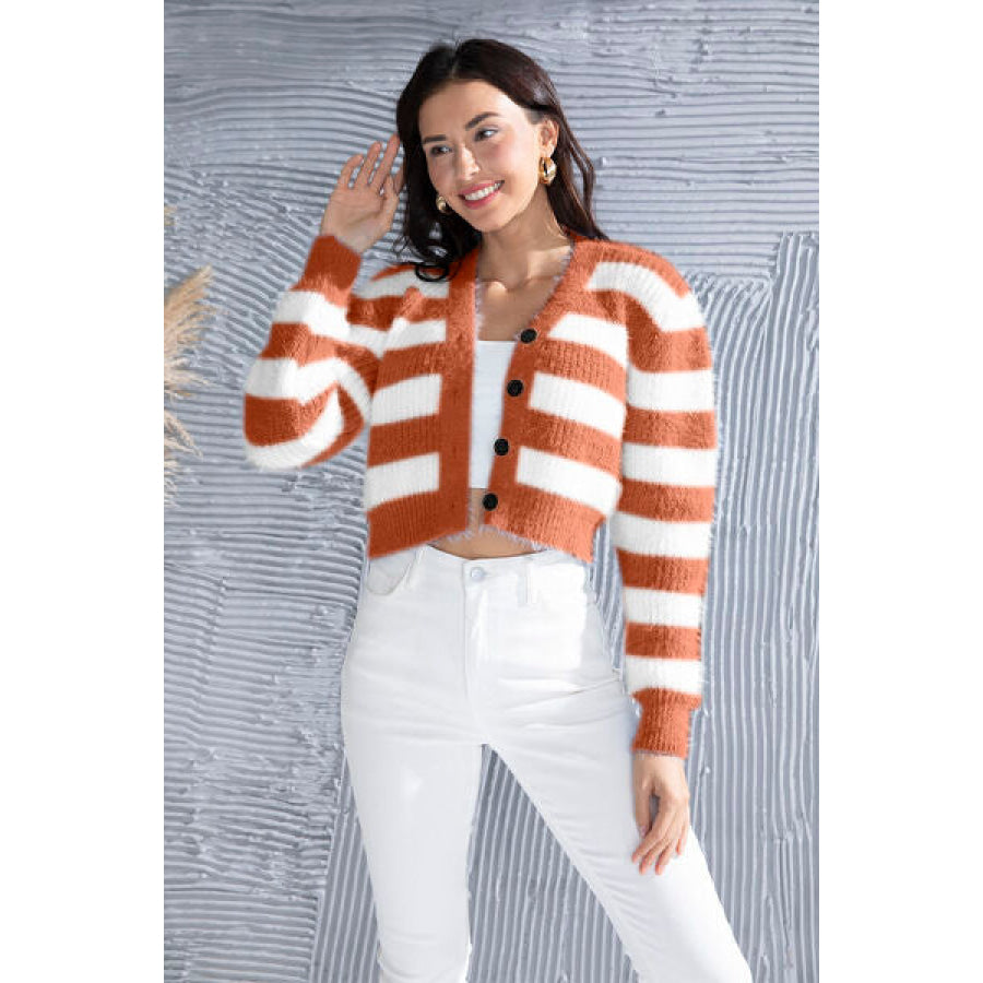 Striped Button Up Cropped Cardigan Apparel and Accessories