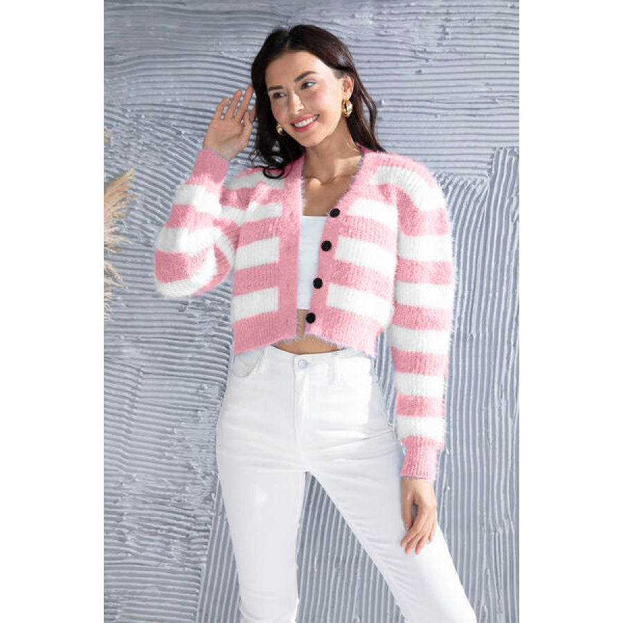 Striped Button Up Cropped Cardigan Apparel and Accessories