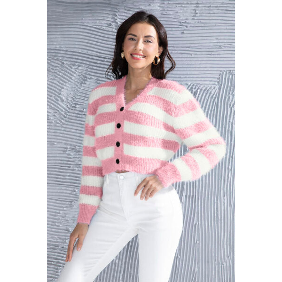 Striped Button Up Cropped Cardigan Carnation Pink / S Apparel and Accessories