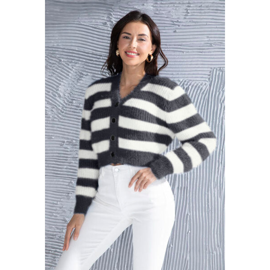 Striped Button Up Cropped Cardigan Dark Navy / S Apparel and Accessories