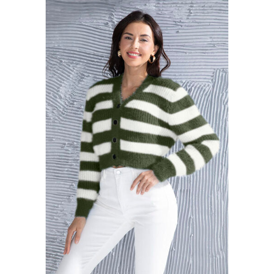 Striped Button Up Cropped Cardigan Green / S Apparel and Accessories