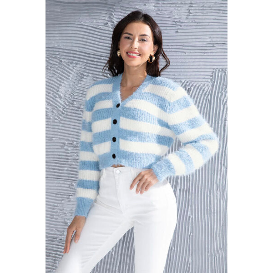 Striped Button Up Cropped Cardigan Misty Blue / S Apparel and Accessories