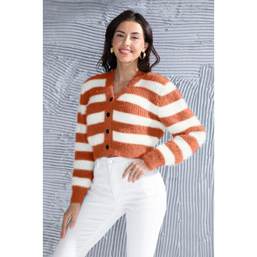 Striped Button Up Cropped Cardigan Orange / S Apparel and Accessories