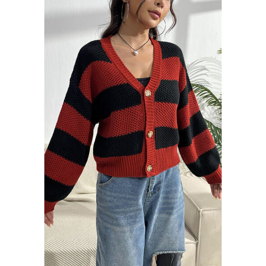 Striped Button Up Dropped Shoulder Cardigan Clothing