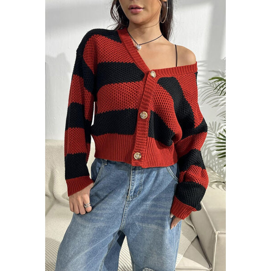 Striped Button Up Dropped Shoulder Cardigan Clothing