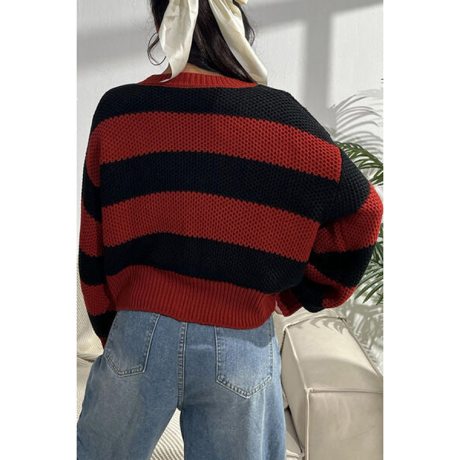 Striped Button Up Dropped Shoulder Cardigan Deep Red / S Clothing