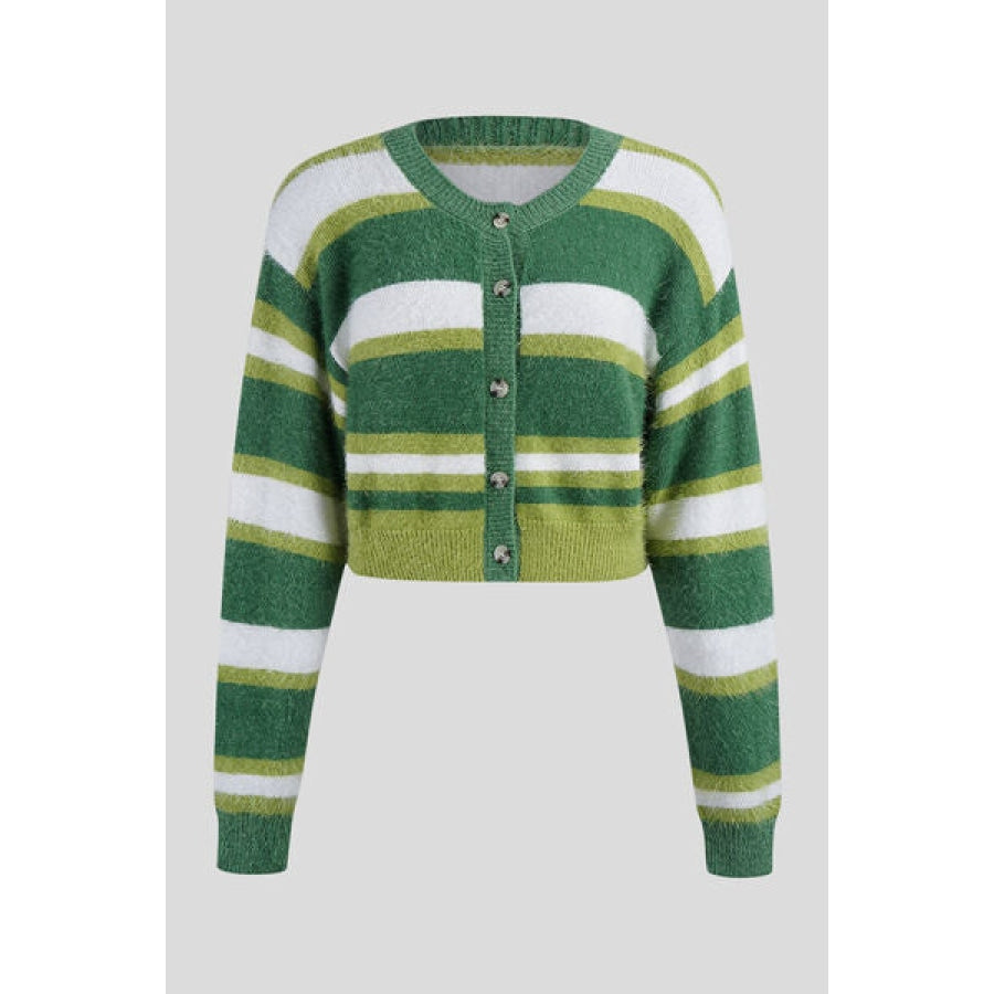 Striped Button Up Dropped Shoulder Cardigan Mid Green / S Apparel and Accessories