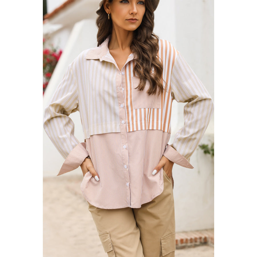 Striped Button Up Dropped Shoulder Shirt Apparel and Accessories