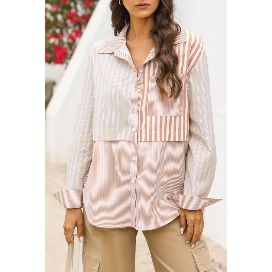 Striped Button Up Dropped Shoulder Shirt Blush Pink / S Apparel and Accessories