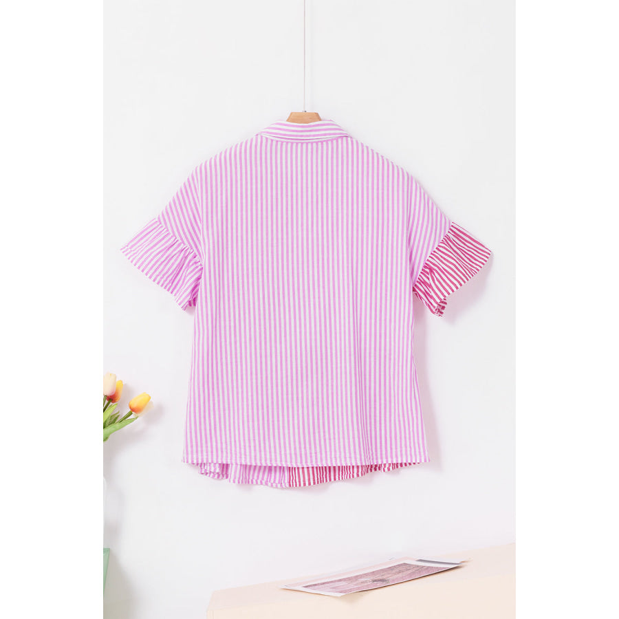 Striped Button Up Flounce Sleeve Shirt Blush Pink / S Apparel and Accessories