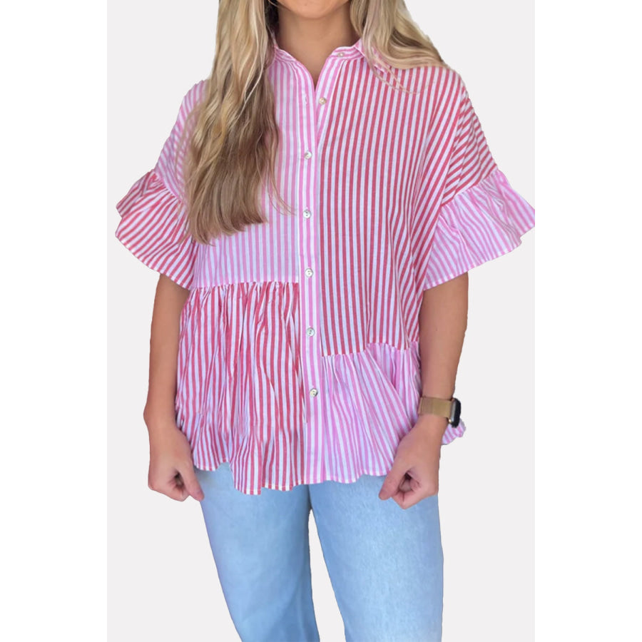 Striped Button Up Flounce Sleeve Shirt Blush Pink / S Apparel and Accessories