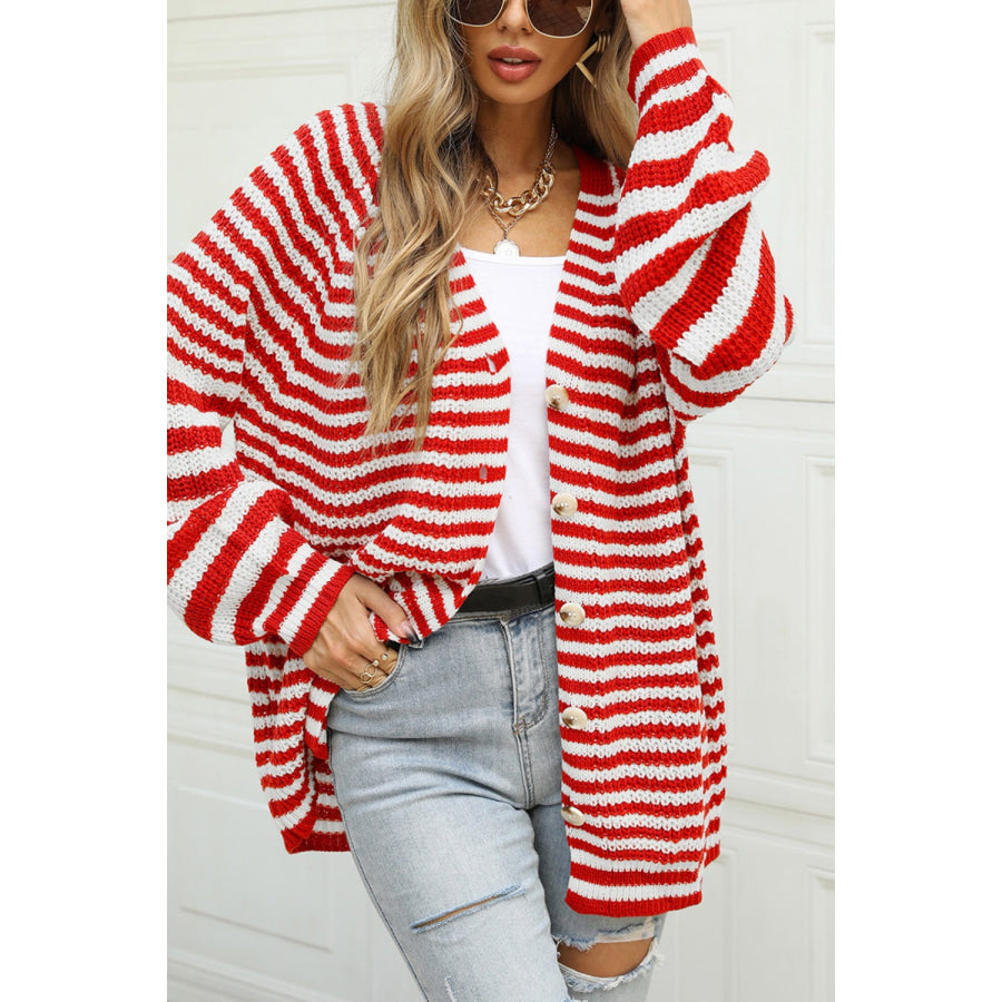 Striped Button Up Long Sleeve Cardigan Apparel and Accessories